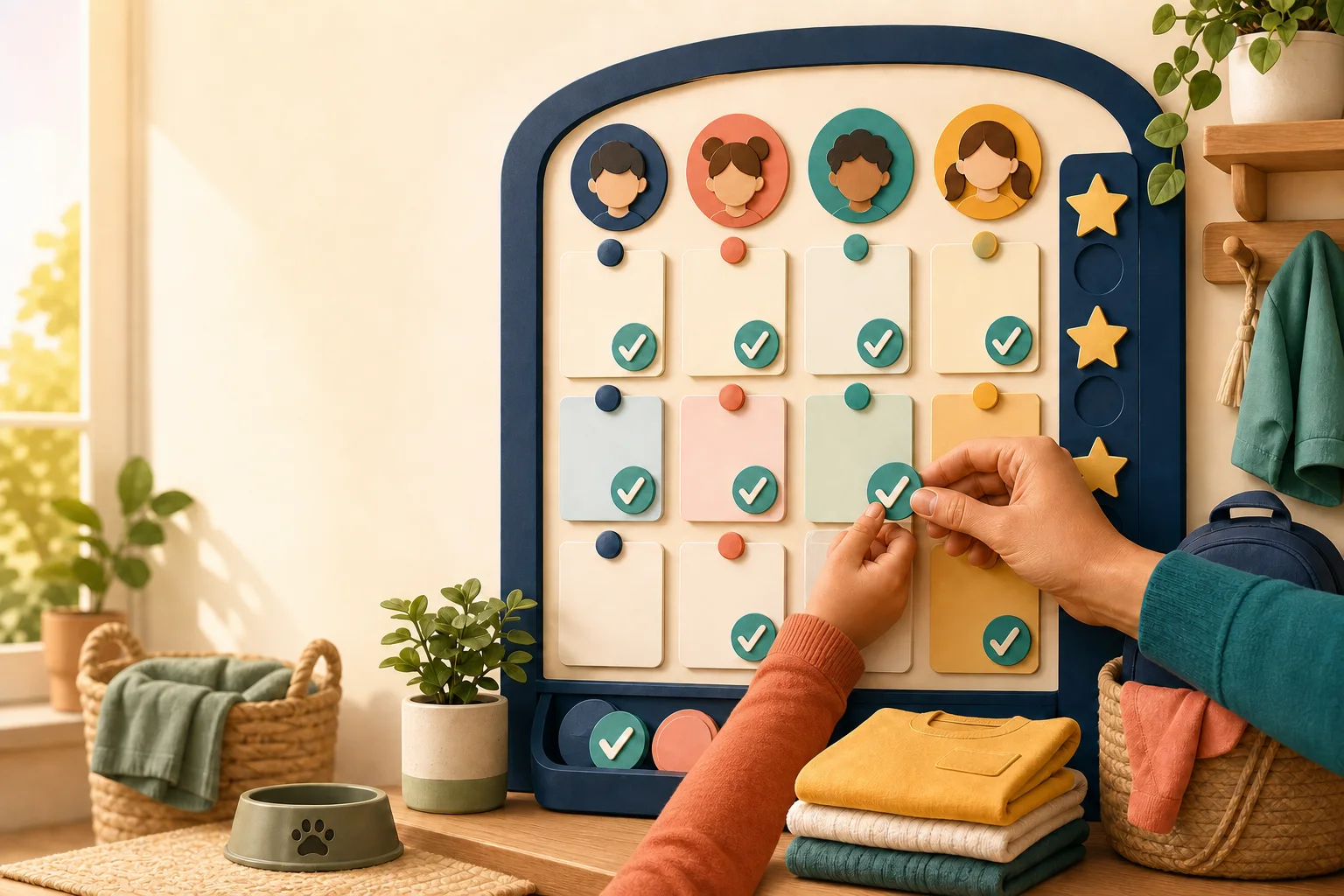 A warm family chore board with colourful task cards, check marks and star rewards